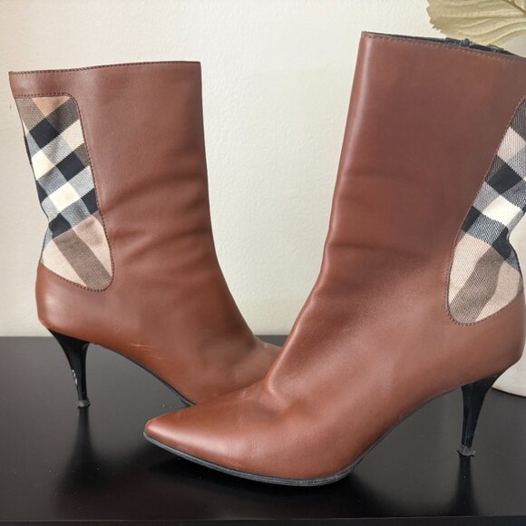 Burberry Nova Check Pattern Leather Mid-Calf Boots - Picture 1 of 7
